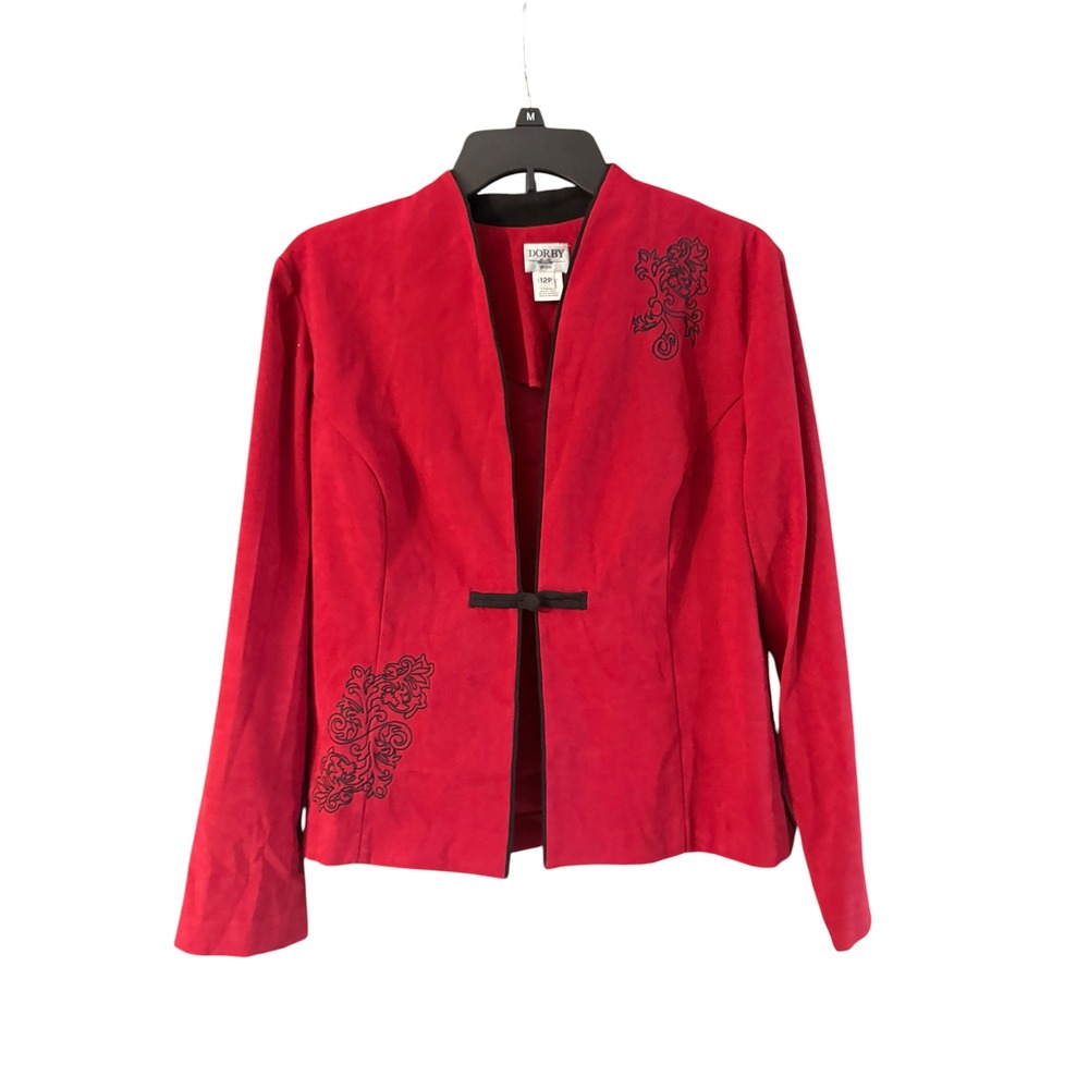 Dorby Petite Red Faux Suede Embroidered Open Front Blazer Jacket Size 12P